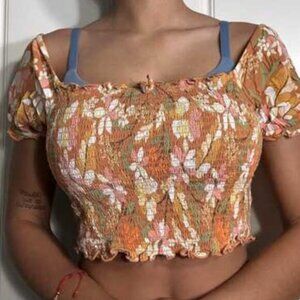Aerie Smocked Floral Puff Sleeve Crop Top